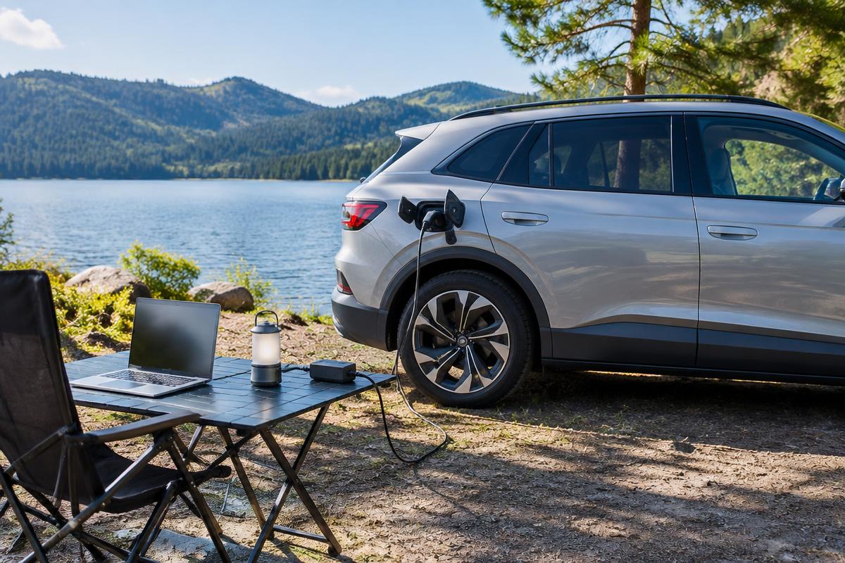 Imagem ilustrativa de carro elétrico com função V2L fornecendo energia a equipamentos em um acampamento