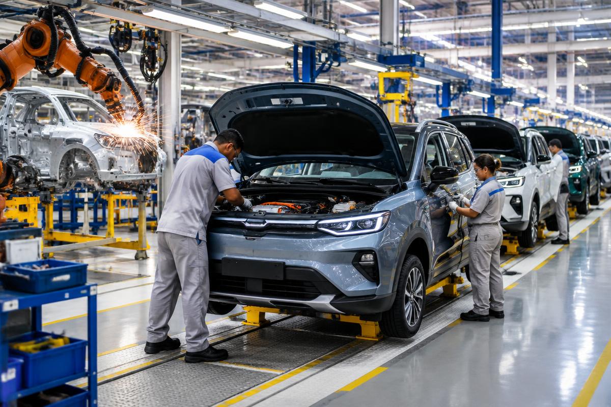 Imagem ilustrativa de linha de montagem de SUVs híbridos e elétricos em fábrica brasileira