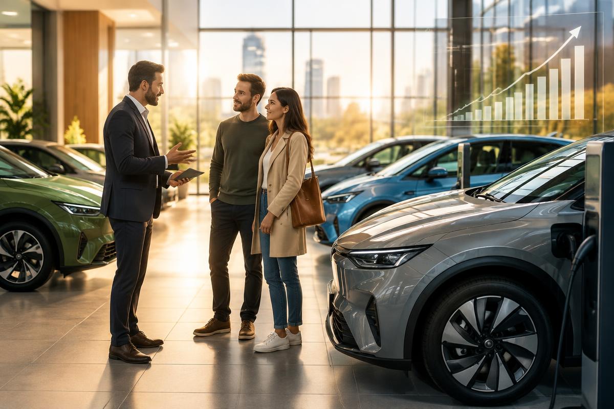 Imagem ilustrativa de vendedor apresentando carros híbridos e elétricos a um casal em concessionária
