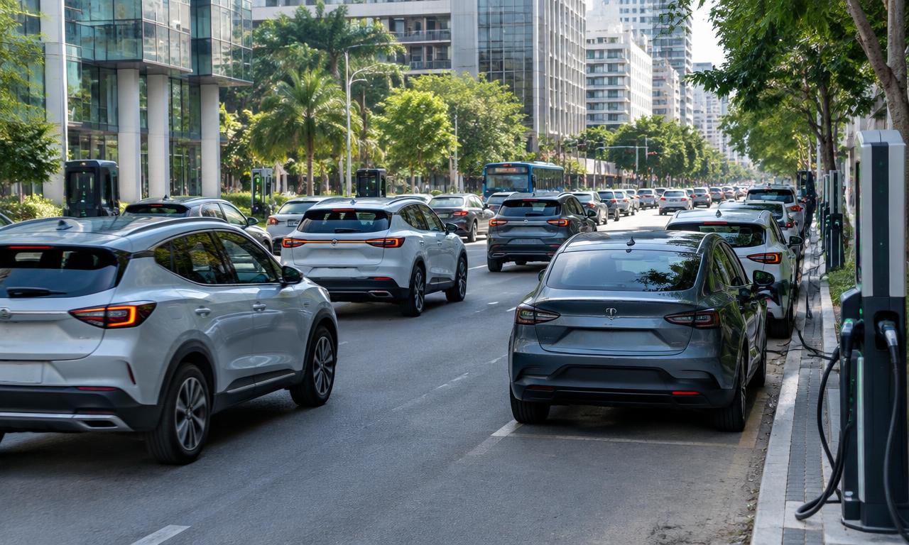 Imagem ilustrativa de carros elétricos e híbridos circulando e recarregando, crescimento da frota eletrificada no Brasil