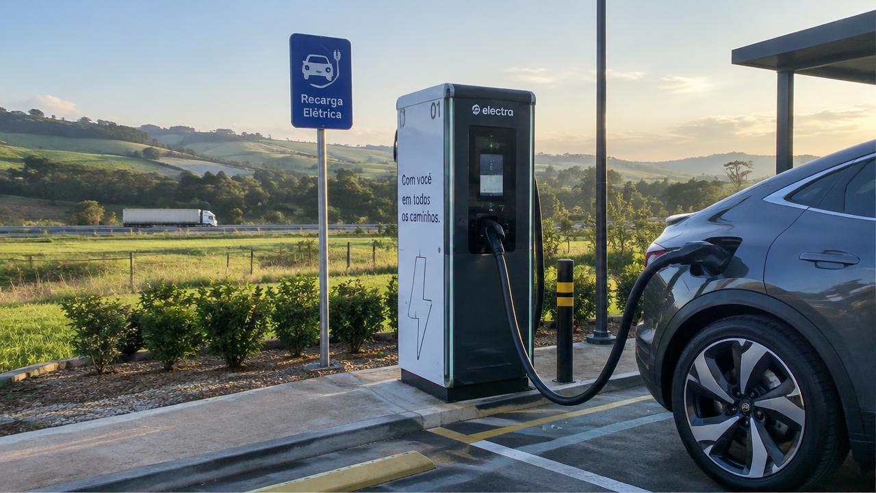 Imagem ilustrativa de recarga de carro elétrico em paisagem rural; não representa um eletroposto específico de Chapecó