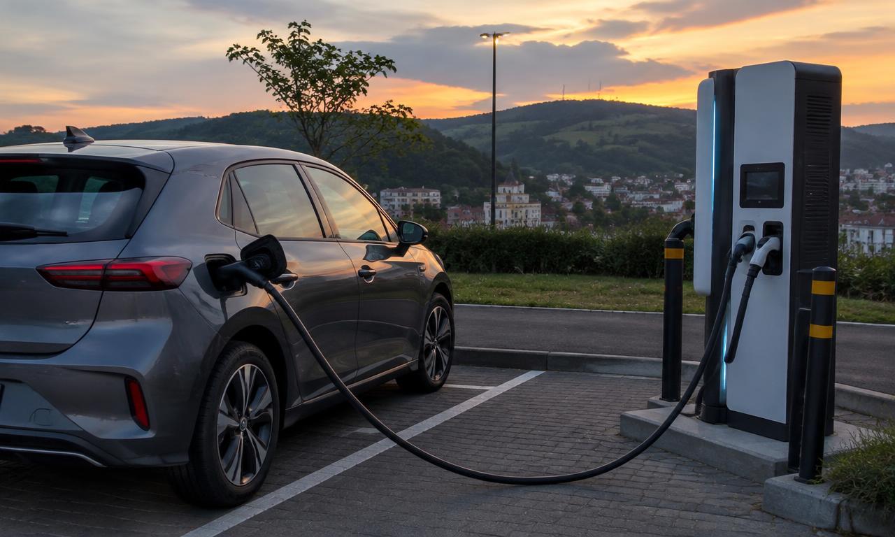 Imagem ilustrativa de carro elétrico em eletroposto de recarga rápida DC com conector CCS2 em Chapecó