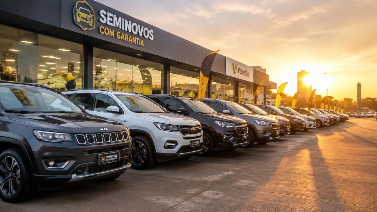 Imagem ilustrativa de veículos em concessionária, tema do recorde de emplacamentos no mercado automobilístico brasileiro