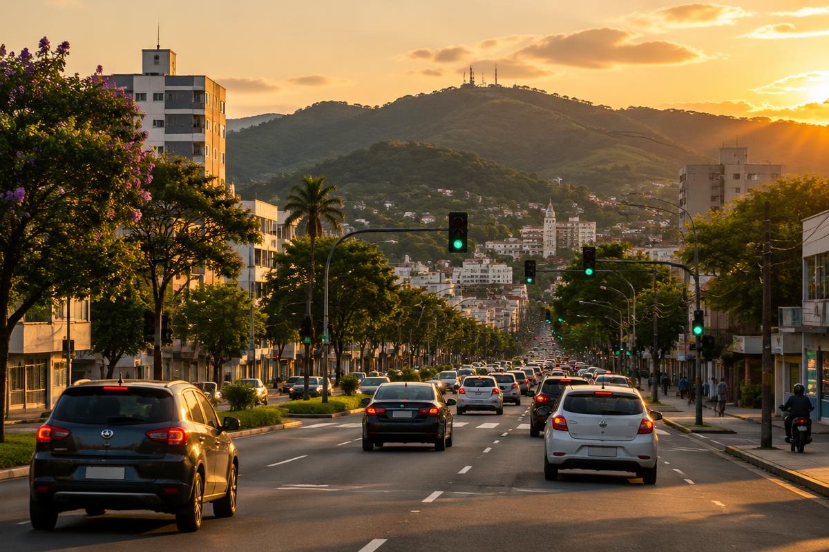 Imagem ilustrativa de avenida movimentada em cidade do Oeste catarinense ao entardecer, representando o trânsito de Chapecó